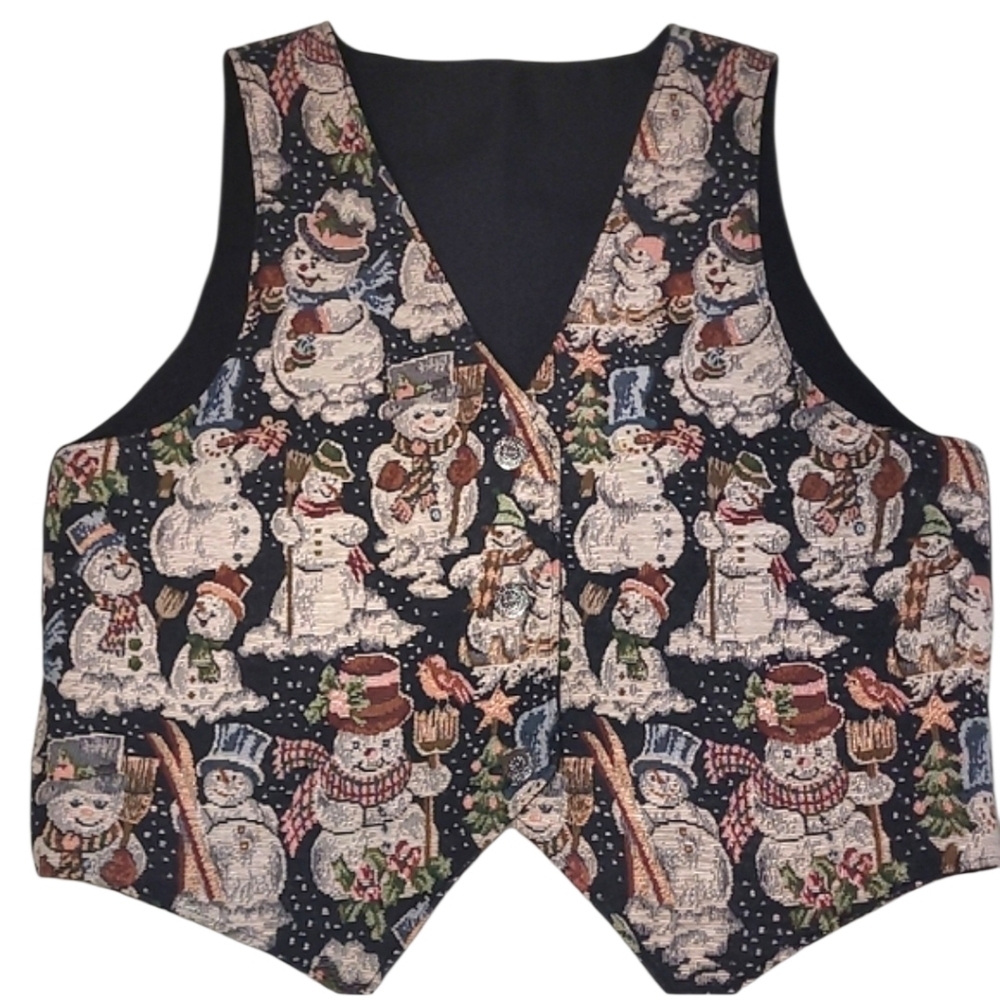 Tapestry Snowman Vest Festive Christmas Homemade Lined Black Multicolor